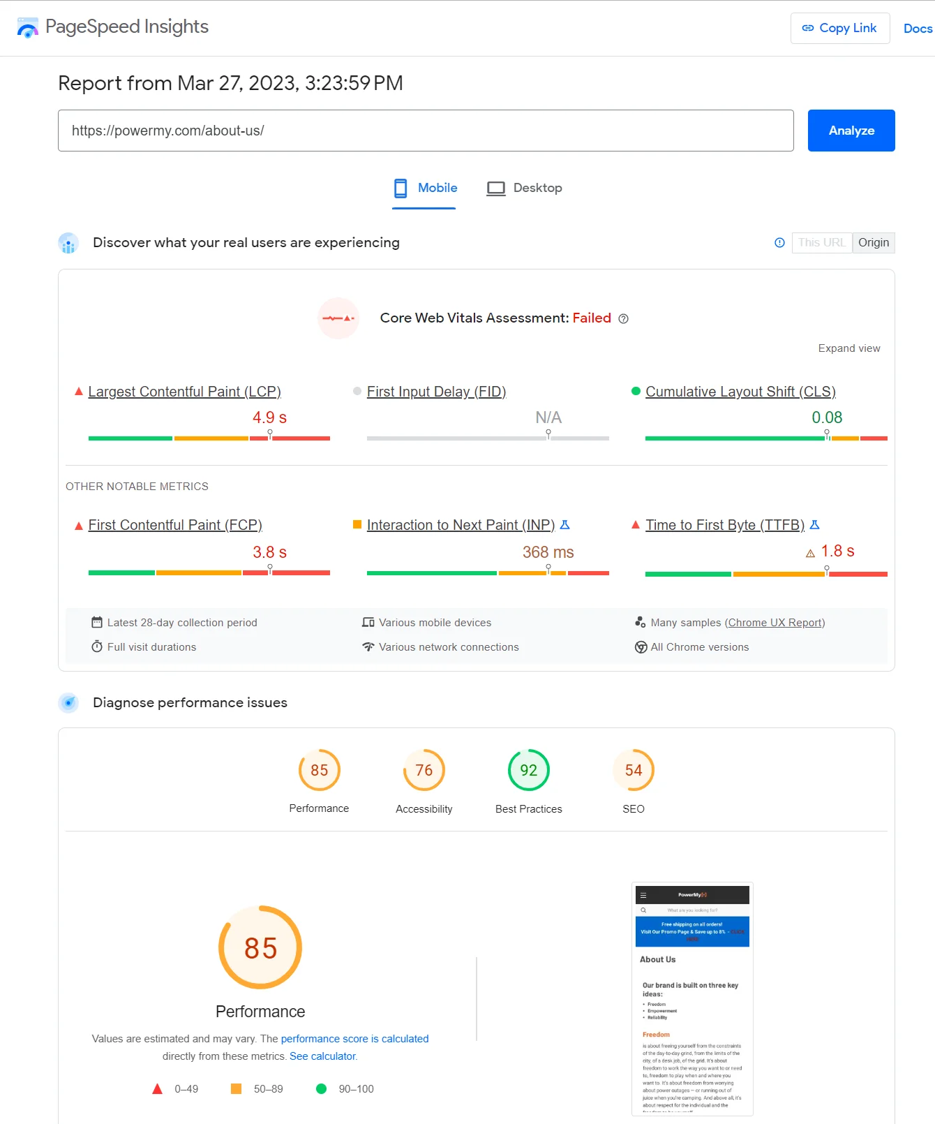 PageSpeed Insights Mobile report showing a performance score of 85.